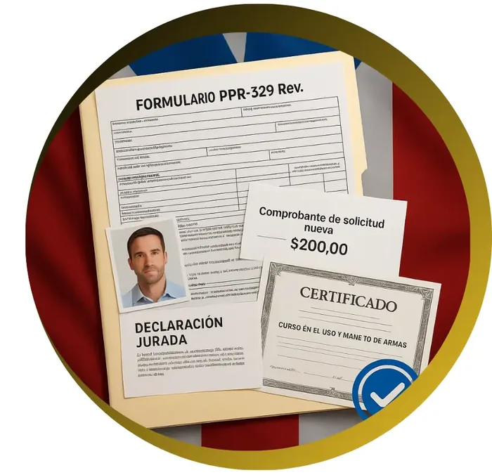 Documentos para la licencia de armas: formulario PPR-329, comprobante, declaración jurada y certificado